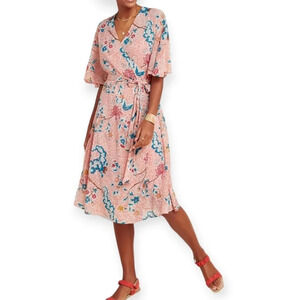 Anthropologie Maeve Adelaide Pink Wrap Midi Dress Short Sleeve Floral Small